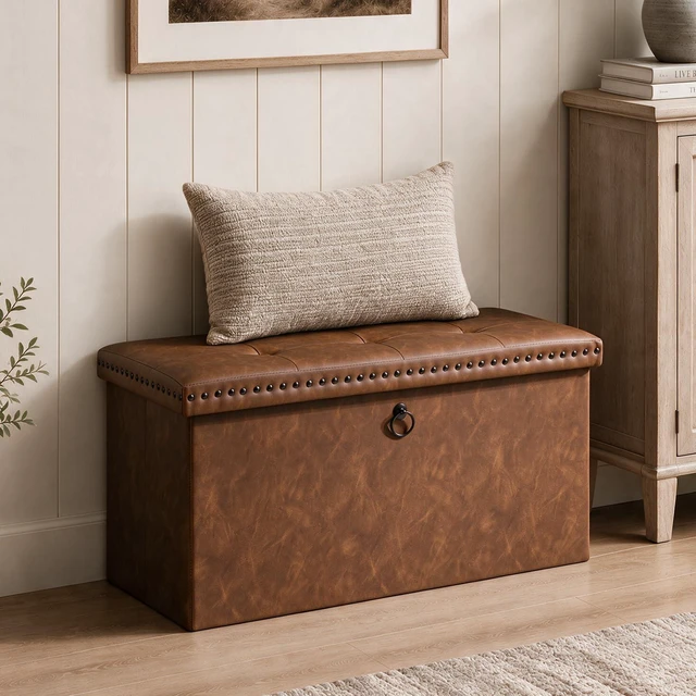 Main image of 30 Inches Folding Storage Ottoman Bench, PU Leather Tufted End of Bed Bench, Foot Rest with Rivet Design, Ottoman with Storage, Load 330 lb, for Living Room, Bedroom, Entryway, Brown
