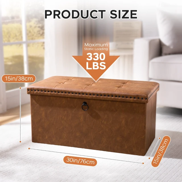 Alt view image 2 of 2 - 30 Inches Folding Storage Ottoman Bench, PU Leather Tufted End of Bed Bench, Foot Rest with Rivet Design, Ottoman with Storage, Load 330 lb, for Living Room, Bedroom, Entryway, Brown