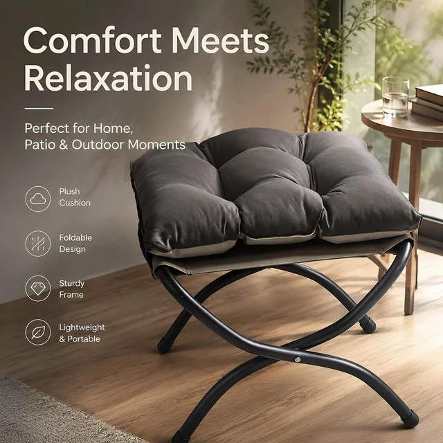 Alt view image 2 of 7 - 15" Upholstered Folding Foot Rest Stool with Foldable Metal Frame Dark Grey | Foldable Indoor/Outdoor Footrest Washable Ottoman Footstool Compact Size 18.5"×14.8"×15" for Living Room, Bedroom, Patio