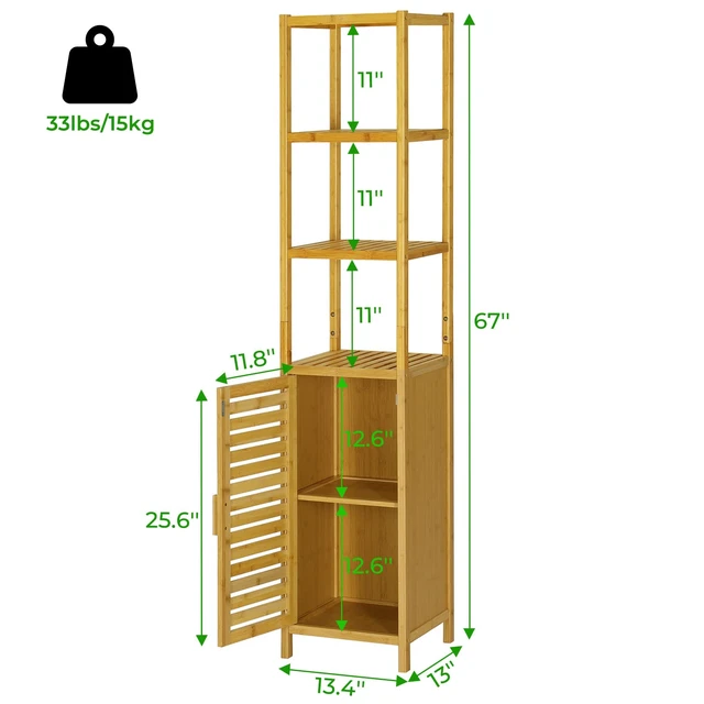Alt view image 4 of 7 - Storage Tall Slim Cabinet with Shutter Door and 3 Tier Shelves, Freestanding Linen Tower Cabinet for Living Room, Kitchen, Bathroom Organizer, Natural Bamboo