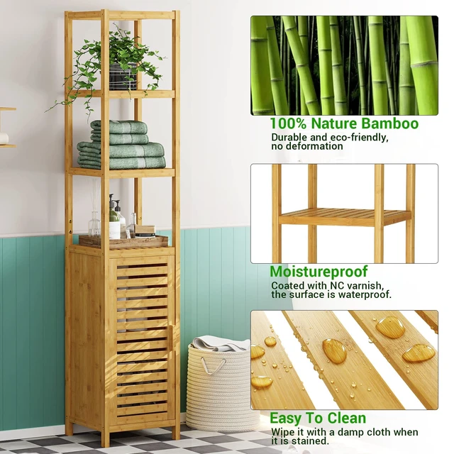 Alt view image 5 of 7 - Storage Tall Slim Cabinet with Shutter Door and 3 Tier Shelves, Freestanding Linen Tower Cabinet for Living Room, Kitchen, Bathroom Organizer, Natural Bamboo