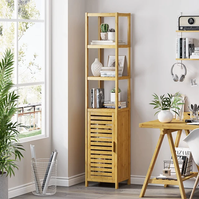 Alt view image 6 of 7 - Storage Tall Slim Cabinet with Shutter Door and 3 Tier Shelves, Freestanding Linen Tower Cabinet for Living Room, Kitchen, Bathroom Organizer, Natural Bamboo