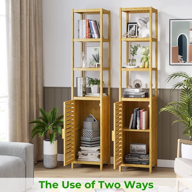 Alt view image 7 of 7 - Storage Tall Slim Cabinet with Shutter Door and 3 Tier Shelves, Freestanding Linen Tower Cabinet for Living Room, Kitchen, Bathroom Organizer, Natural Bamboo
