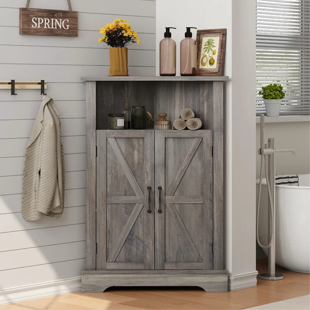 Main image of Bathroom Corner Storage Cabinet, Farmhouse Floor Corner Cabinet with Barn Door and Adjustable Shelf, Wash Grey Narrow Cabinet Organizer for Bathroom, Living Room, Kitchen
