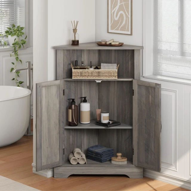 Alt view image 2 of 7 - Bathroom Corner Storage Cabinet, Farmhouse Floor Corner Cabinet with Barn Door and Adjustable Shelf, Wash Grey Narrow Cabinet Organizer for Bathroom, Living Room, Kitchen
