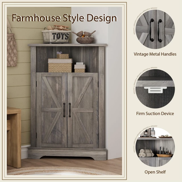 Alt view image 4 of 7 - Bathroom Corner Storage Cabinet, Farmhouse Floor Corner Cabinet with Barn Door and Adjustable Shelf, Wash Grey Narrow Cabinet Organizer for Bathroom, Living Room, Kitchen