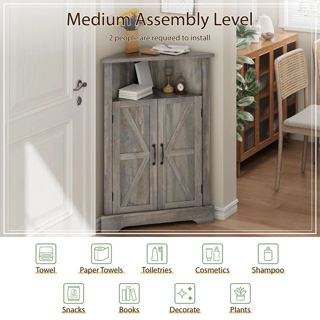 Alt view image 5 of 7 - Bathroom Corner Storage Cabinet, Farmhouse Floor Corner Cabinet with Barn Door and Adjustable Shelf, Wash Grey Narrow Cabinet Organizer for Bathroom, Living Room, Kitchen