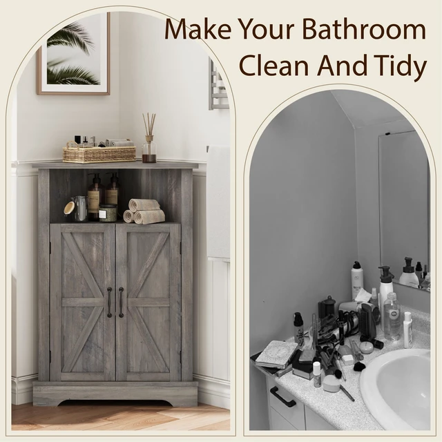 Alt view image 6 of 7 - Bathroom Corner Storage Cabinet, Farmhouse Floor Corner Cabinet with Barn Door and Adjustable Shelf, Wash Grey Narrow Cabinet Organizer for Bathroom, Living Room, Kitchen