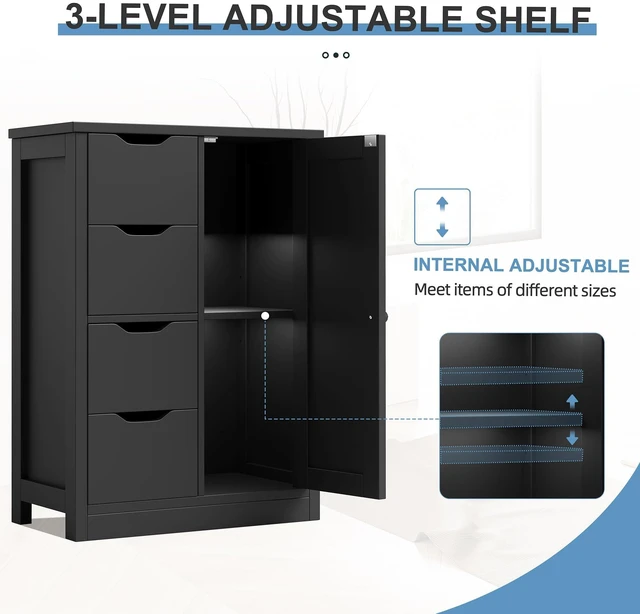 Alt view image 4 of 4 - Bathroom Small Floor Storage Cabinet with 4 Drawers, Black | Wooden Storage Organizer with Adjustable Shelf, Freestanding Bathroom Furniture, Home Storage Unit