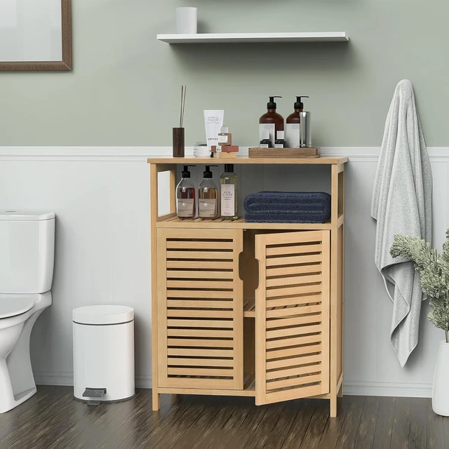 Alt view image 2 of 7 - Bamboo Bathroom Storage Cabinet with 2 Doors, Floor Freestanding Cabinet | Bathroom Cabinet Storage for Living Room, Kitchen, Entryway