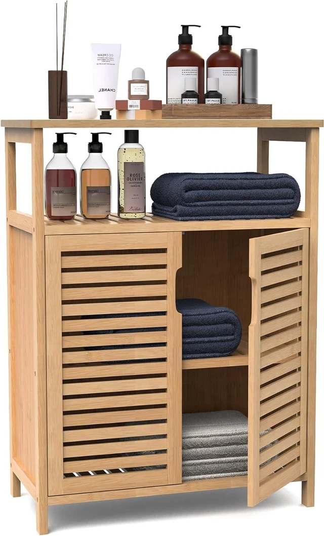 Main image of Bamboo Bathroom Storage Cabinet with 2 Doors, Floor Freestanding Cabinet | Bathroom Cabinet Storage for Living Room, Kitchen, Entryway