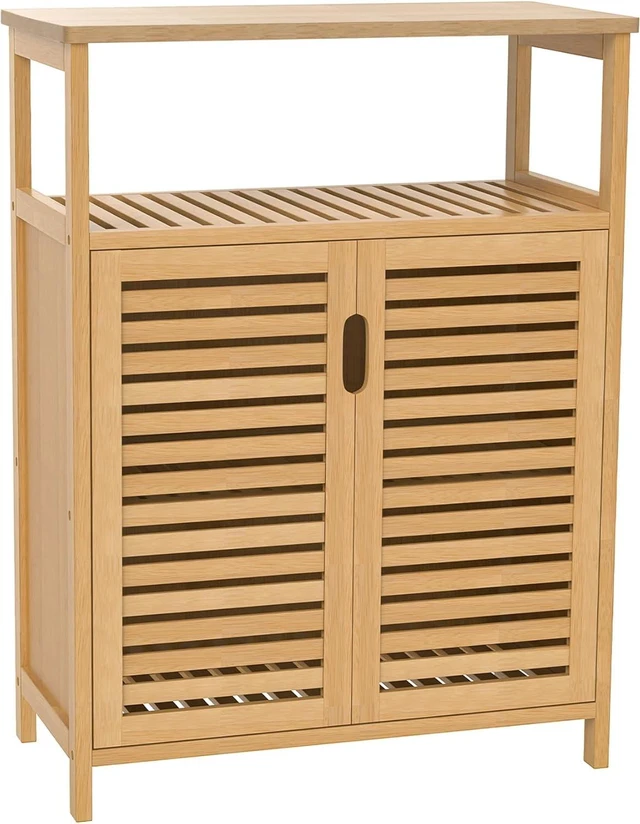 Alt view image 4 of 7 - Bamboo Bathroom Storage Cabinet with 2 Doors, Floor Freestanding Cabinet | Bathroom Cabinet Storage for Living Room, Kitchen, Entryway