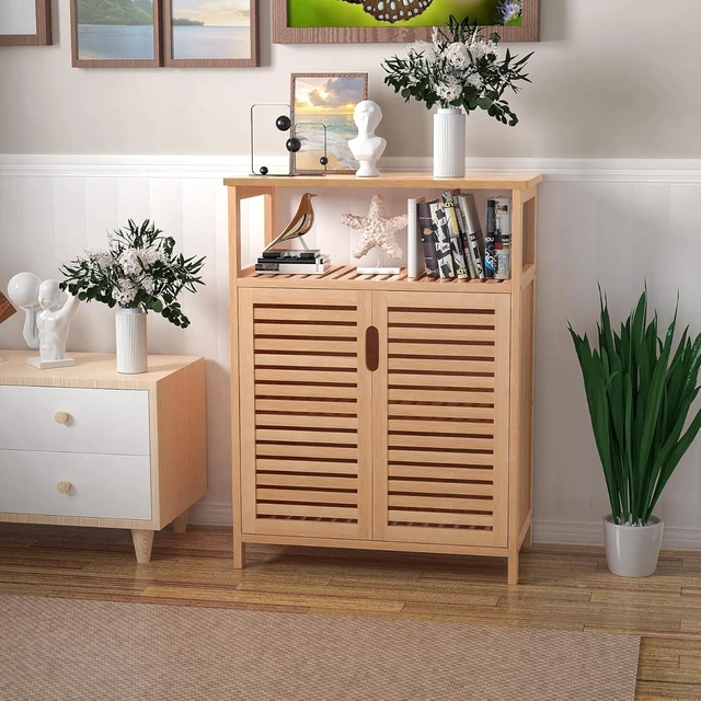 Alt view image 6 of 7 - Bamboo Bathroom Storage Cabinet with 2 Doors, Floor Freestanding Cabinet | Bathroom Cabinet Storage for Living Room, Kitchen, Entryway