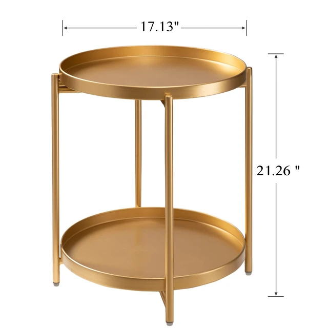 Alt view image 2 of 7 - 2 Tier Round Side Table, Folding Metal Small Bedside Nightstand for with Two Removable Tray for Bedroom Living Room Bedside Small Spaces Gold X2