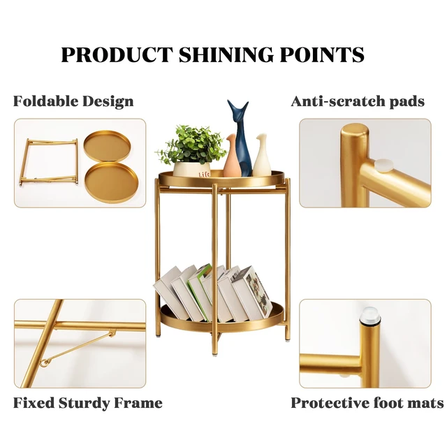 Alt view image 3 of 7 - 2 Tier Round Side Table, Folding Metal Small Bedside Nightstand for with Two Removable Tray for Bedroom Living Room Bedside Small Spaces Gold X2
