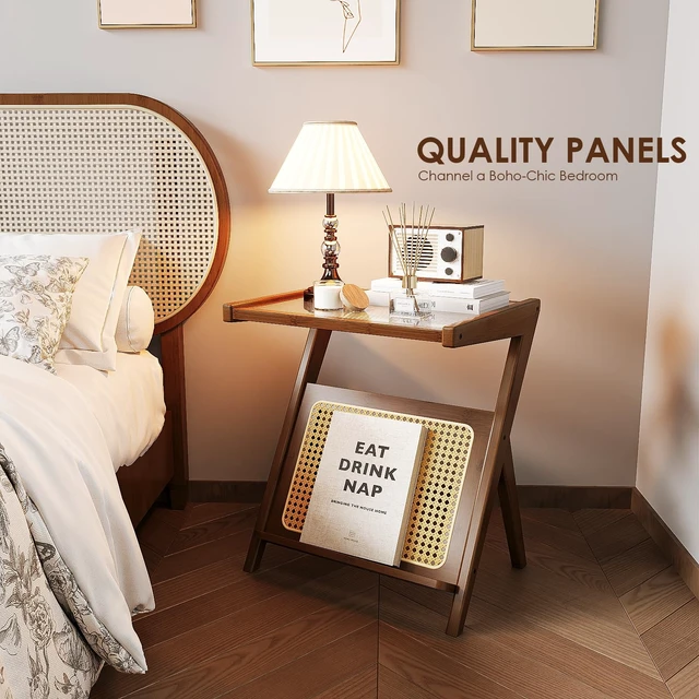 Alt view image 3 of 6 - Rattan Side Table Boho NightStand Mid Century Modern End Table | Glass Bedside Table Small End Tables Bamboo Coffee Table with Storage Record Player Stand for Living Room Bedroom