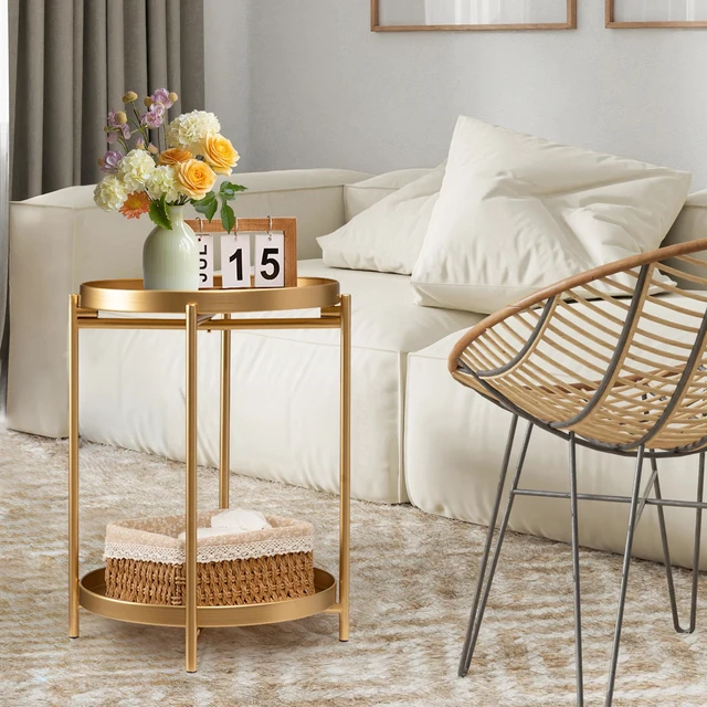 Alt view image 4 of 7 - 2 Tier Round Side Table, Folding Metal Small Bedside Nightstand for with Two Removable Tray for Bedroom Living Room Bedside Small Spaces Gold X2