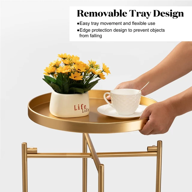 Alt view image 5 of 7 - 2 Tier Round Side Table, Folding Metal Small Bedside Nightstand for with Two Removable Tray for Bedroom Living Room Bedside Small Spaces Gold X2