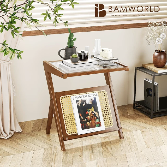 Alt view image 2 of 6 - Rattan Side Table Boho NightStand Mid Century Modern End Table | Glass Bedside Table Small End Tables Bamboo Coffee Table with Storage Record Player Stand for Living Room Bedroom