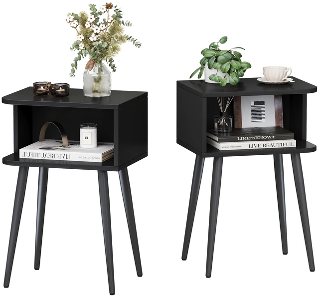 Main image of Black Nightstand Set of 2, Small Bed Side Table for Small Spaces, Mid Century Modern Nightstand End Table with Open Storage, Side Table for Bedroom Living Room, MLBZ20B-2