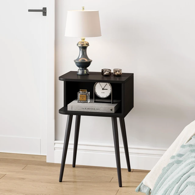 Alt view image 2 of 7 - Black Nightstand Set of 2, Small Bed Side Table for Small Spaces, Mid Century Modern Nightstand End Table with Open Storage, Side Table for Bedroom Living Room, MLBZ20B-2