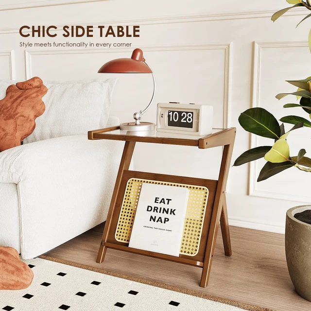 Alt view image 4 of 6 - Rattan Side Table Boho NightStand Mid Century Modern End Table | Glass Bedside Table Small End Tables Bamboo Coffee Table with Storage Record Player Stand for Living Room Bedroom