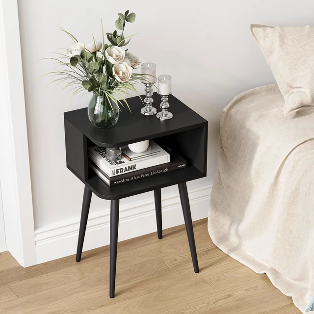 Alt view image 6 of 7 - Black Nightstand Set of 2, Small Bed Side Table for Small Spaces, Mid Century Modern Nightstand End Table with Open Storage, Side Table for Bedroom Living Room, MLBZ20B-2