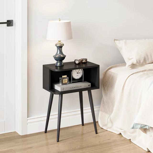 Alt view image 5 of 7 - Black Nightstand Set of 2, Small Bed Side Table for Small Spaces, Mid Century Modern Nightstand End Table with Open Storage, Side Table for Bedroom Living Room, MLBZ20B-2