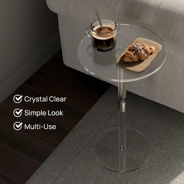 Alt view image 5 of 7 - Acrylic Drink Table for Small Spaces, 11.8" L x 11.8" W x 21.3" H | Clear Pedestal Side Table for Living Room, Kitchen, Bedroom, Coffee, Martini, Round, Easy Assembly