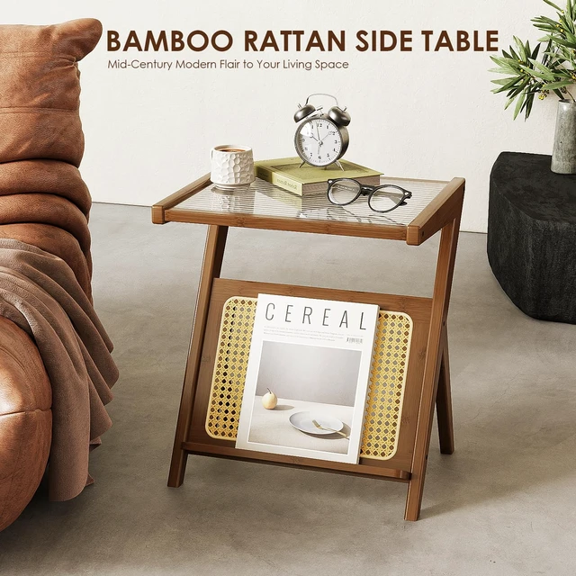 Alt view image 5 of 6 - Rattan Side Table Boho NightStand Mid Century Modern End Table | Glass Bedside Table Small End Tables Bamboo Coffee Table with Storage Record Player Stand for Living Room Bedroom