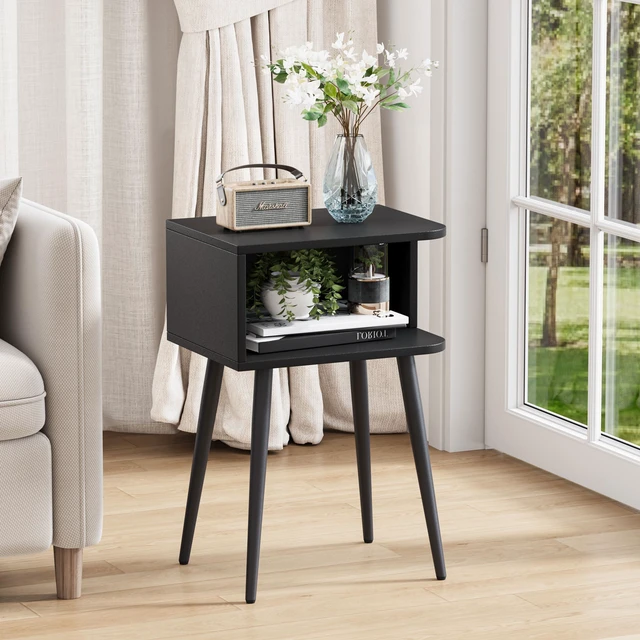 Alt view image 7 of 7 - Black Nightstand Set of 2, Small Bed Side Table for Small Spaces, Mid Century Modern Nightstand End Table with Open Storage, Side Table for Bedroom Living Room, MLBZ20B-2