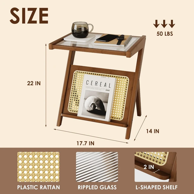 Alt view image 6 of 6 - Rattan Side Table Boho NightStand Mid Century Modern End Table | Glass Bedside Table Small End Tables Bamboo Coffee Table with Storage Record Player Stand for Living Room Bedroom