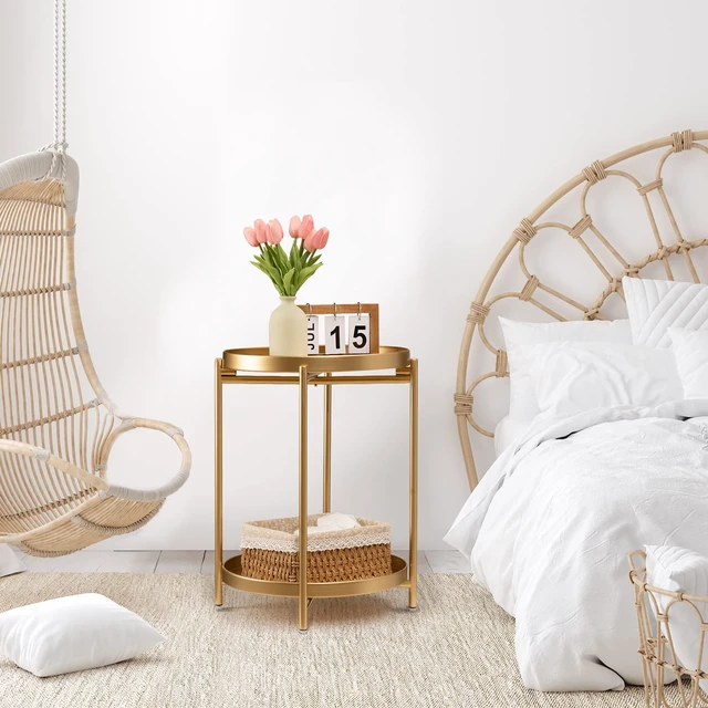 Alt view image 7 of 7 - 2 Tier Round Side Table, Folding Metal Small Bedside Nightstand for with Two Removable Tray for Bedroom Living Room Bedside Small Spaces Gold X2