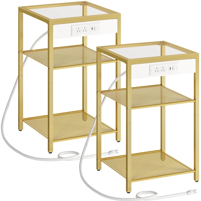 Main image of End Tables Set of 2 with Charging Station, 3-Tier Slim Side Tables | Nightstands with Storage Shelves, USB Port & Power Outlets, Tempered Glass, for Living Room, Bedroom, Gold GD77UBZP201