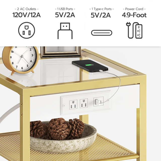 Alt view image 4 of 7 - End Tables Set of 2 with Charging Station, 3-Tier Slim Side Tables | Nightstands with Storage Shelves, USB Port & Power Outlets, Tempered Glass, for Living Room, Bedroom, Gold GD77UBZP201