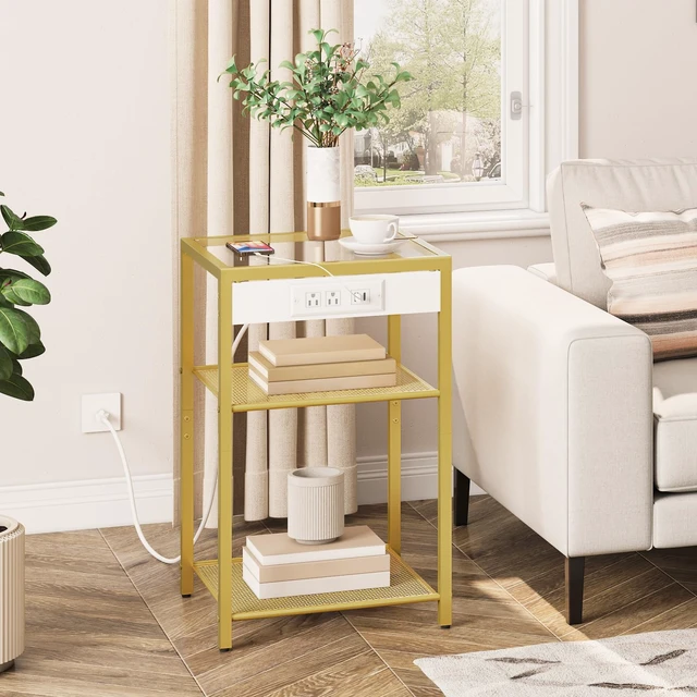 Alt view image 5 of 7 - End Tables Set of 2 with Charging Station, 3-Tier Slim Side Tables | Nightstands with Storage Shelves, USB Port & Power Outlets, Tempered Glass, for Living Room, Bedroom, Gold GD77UBZP201