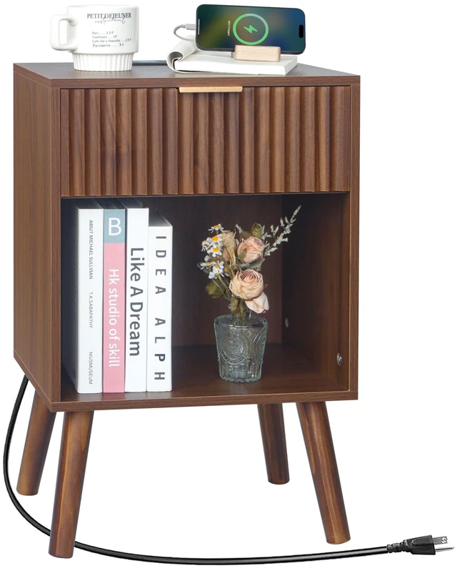 Main image of Nightstand with Charging Station, Fluted Bedside Table with Storage | Walnut Night stand with USB and Type C Ports, End Table with Drawer and Open Shelf for Bedroom, Living Room (Walnut Brown)