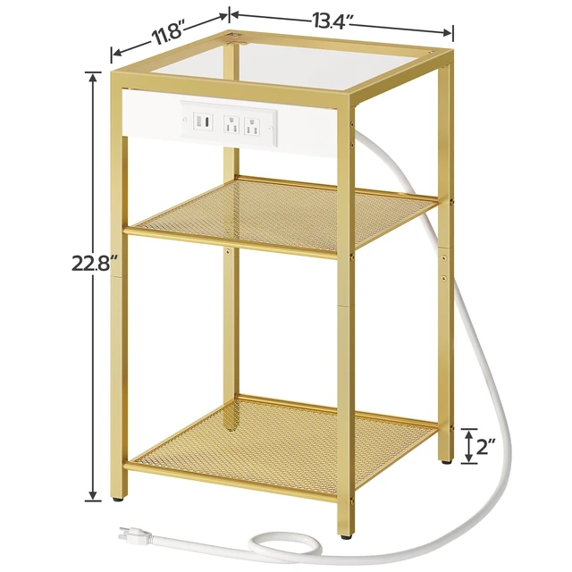 Alt view image 6 of 7 - End Tables Set of 2 with Charging Station, 3-Tier Slim Side Tables | Nightstands with Storage Shelves, USB Port & Power Outlets, Tempered Glass, for Living Room, Bedroom, Gold GD77UBZP201