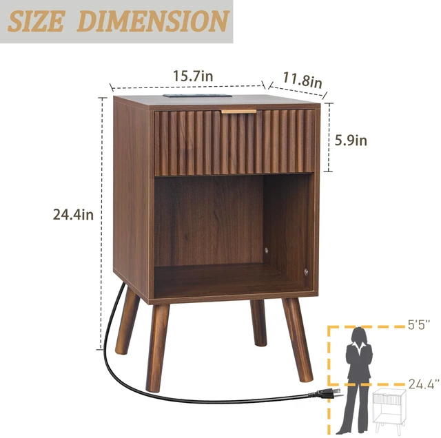 Alt view image 3 of 7 - Nightstand with Charging Station, Fluted Bedside Table with Storage | Walnut Night stand with USB and Type C Ports, End Table with Drawer and Open Shelf for Bedroom, Living Room (Walnut Brown)