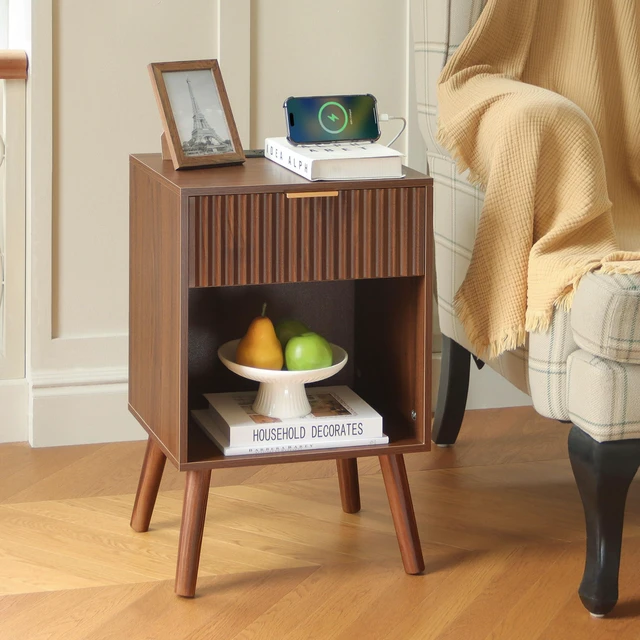 Alt view image 2 of 7 - Nightstand with Charging Station, Fluted Bedside Table with Storage | Walnut Night stand with USB and Type C Ports, End Table with Drawer and Open Shelf for Bedroom, Living Room (Walnut Brown)