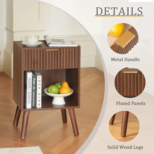 Alt view image 4 of 7 - Nightstand with Charging Station, Fluted Bedside Table with Storage | Walnut Night stand with USB and Type C Ports, End Table with Drawer and Open Shelf for Bedroom, Living Room (Walnut Brown)