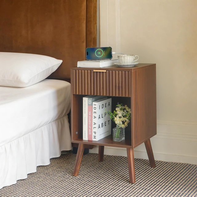 Alt view image 6 of 7 - Nightstand with Charging Station, Fluted Bedside Table with Storage | Walnut Night stand with USB and Type C Ports, End Table with Drawer and Open Shelf for Bedroom, Living Room (Walnut Brown)