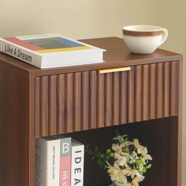 Alt view image 7 of 7 - Nightstand with Charging Station, Fluted Bedside Table with Storage | Walnut Night stand with USB and Type C Ports, End Table with Drawer and Open Shelf for Bedroom, Living Room (Walnut Brown)