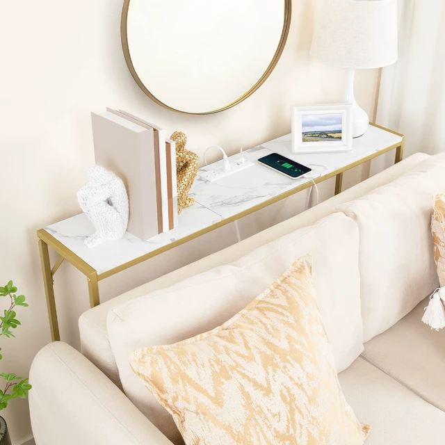 Alt view image 3 of 7 - Narrow Console Table, 43.7" Sofa Table with Outlets, Marble&Gold | Small Entrance Table, 9.4" Behind Couch Table, Display Shelf, 4.9' Extension Cord, for Living Room, Hallway, Entryway, Foyer