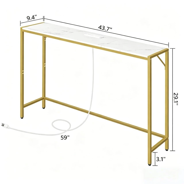 Alt view image 4 of 7 - Narrow Console Table, 43.7" Sofa Table with Outlets, Marble&Gold | Small Entrance Table, 9.4" Behind Couch Table, Display Shelf, 4.9' Extension Cord, for Living Room, Hallway, Entryway, Foyer