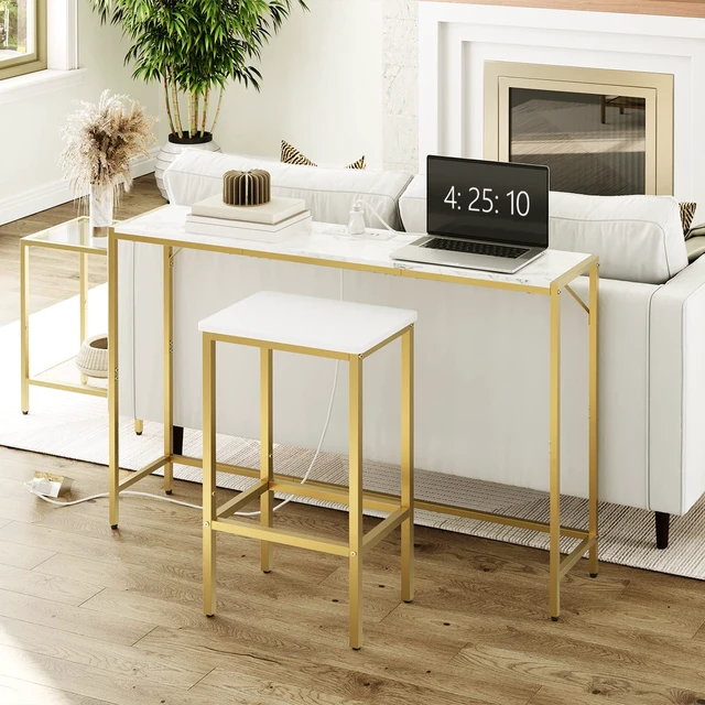 Alt view image 2 of 7 - Narrow Console Table, 43.7" Sofa Table with Outlets, Marble&Gold | Small Entrance Table, 9.4" Behind Couch Table, Display Shelf, 4.9' Extension Cord, for Living Room, Hallway, Entryway, Foyer