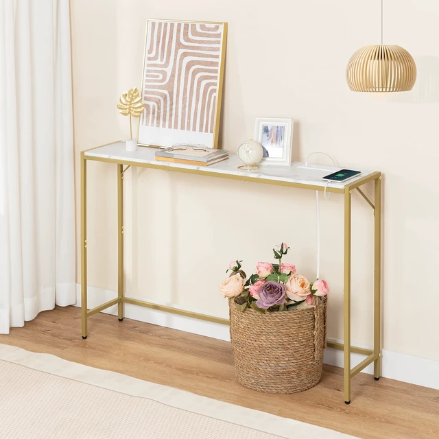 Alt view image 7 of 7 - Narrow Console Table, 43.7" Sofa Table with Outlets, Marble&Gold | Small Entrance Table, 9.4" Behind Couch Table, Display Shelf, 4.9' Extension Cord, for Living Room, Hallway, Entryway, Foyer