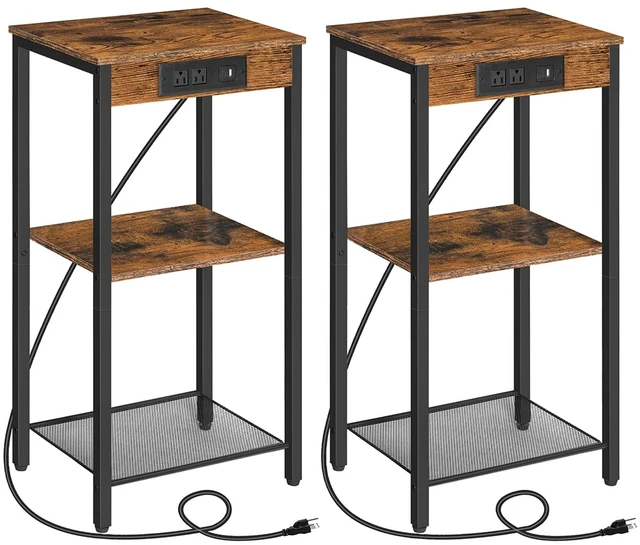 Main image of Tall End Tables with Charging Station, Set of 2, 30 Inch Tall Nightstands, 3-Tier Side Tables with Adjustable Storage Shelves, for Living Room, Bedroom, Hallway, Rustic Brown BF09UDHP201G1