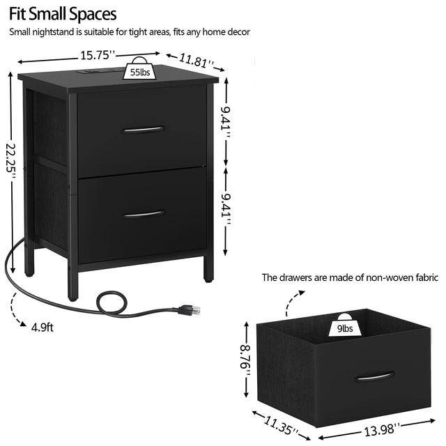 Alt view image 3 of 7 - Nightstand Set of 2 with Charging Station, End Table Bedside Table with Power Outlet & USB Ports, Side Table with 2 Fabric Drawers for Bedroom, Living Room, Black
