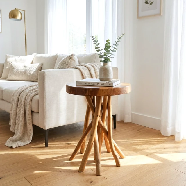 Alt view image 2 of 7 - Solid Teak End Table, Stick Leg Accent Table, 16" L x 16" W x 20" H | Solid teak tabletop and handcrafted stick legs create a unique accent table with natural beauty and lasting durability